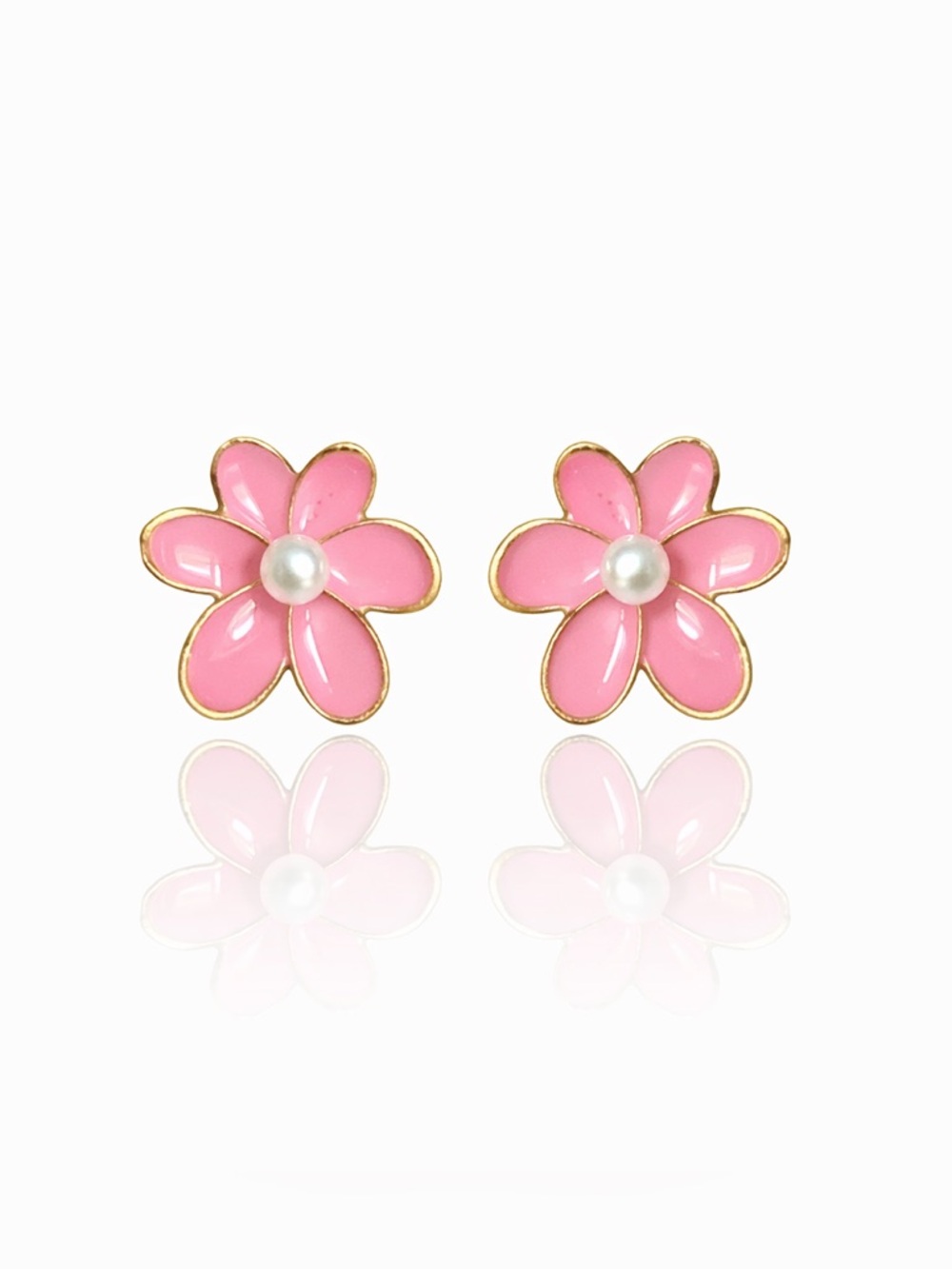 Pink Flower Stud Earrings with Pearl Center